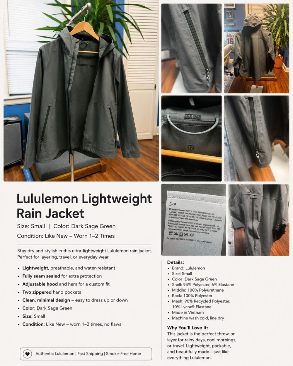 Lululemon Lightweight Rain Jacket Sage Green Size Small